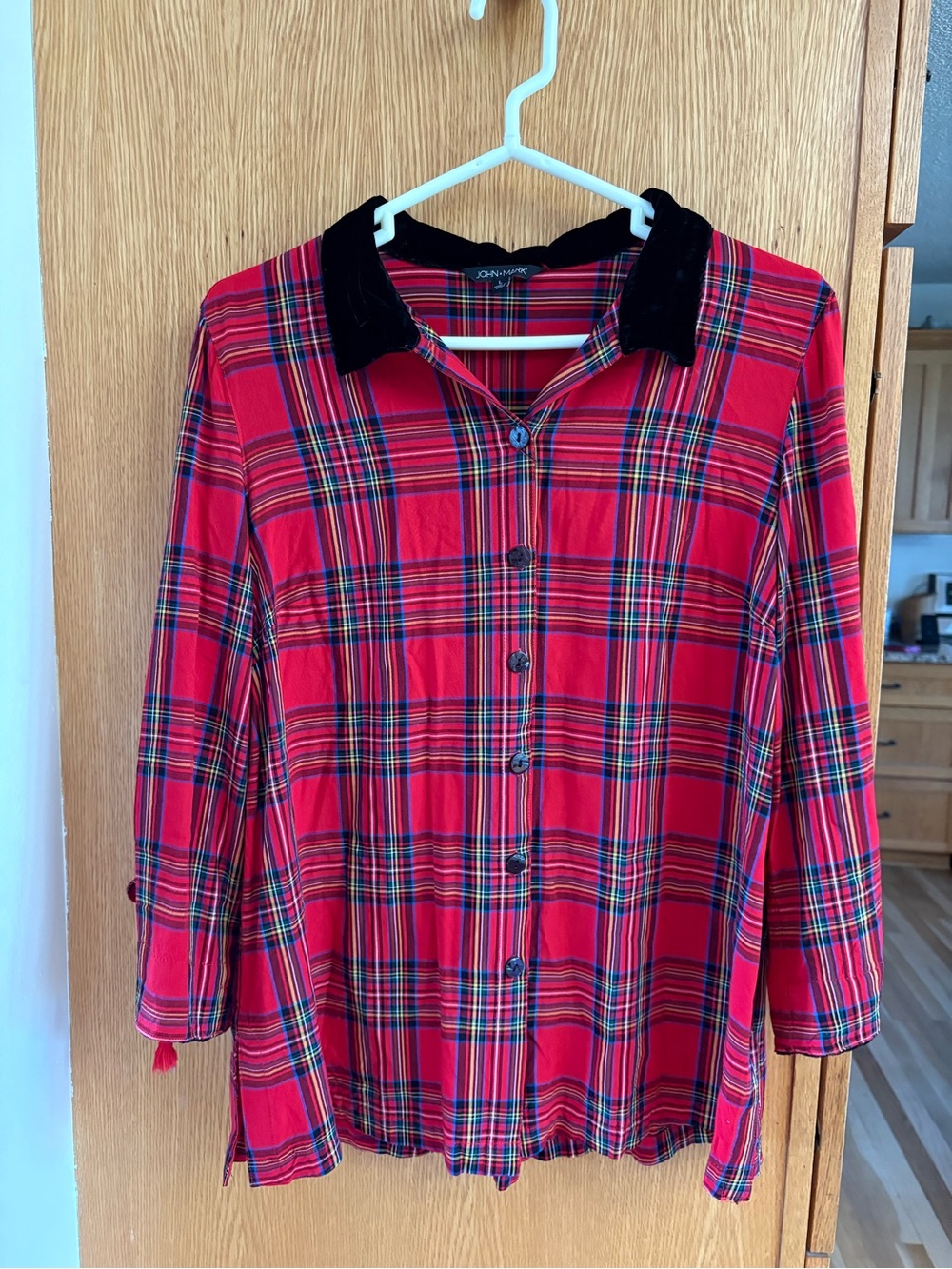 John Mark Red Plaid Button-Up with Black Collar